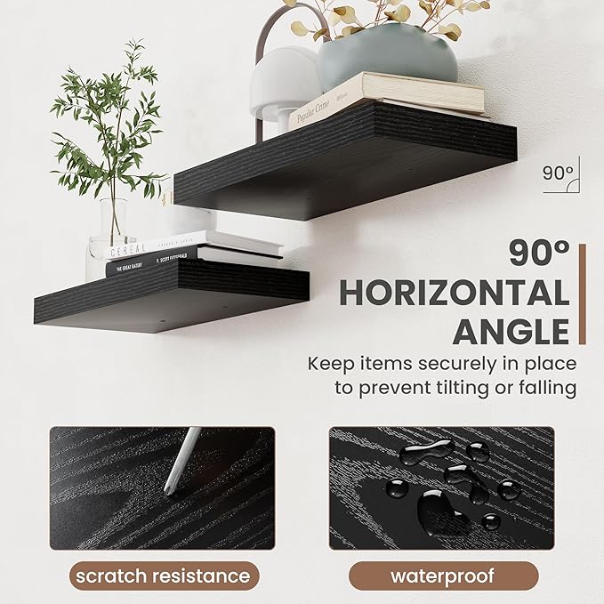 16 Inch Floating Shelves, 8 Inch Deep Floating Shelves for Wall, Hanging Shelf with Invisible Brackets, Deep Shelves for Bathroom, Bedroom, Living Room, Black, Set of 2