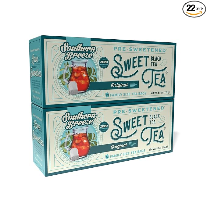 Southern Breeze Hot Brew Sweet Tea Original Iced Tea with Black Tea and Zero Carbs Zero Sugar, 22 Individually Wrapped Family Size Tea Bags, Pack of 2
