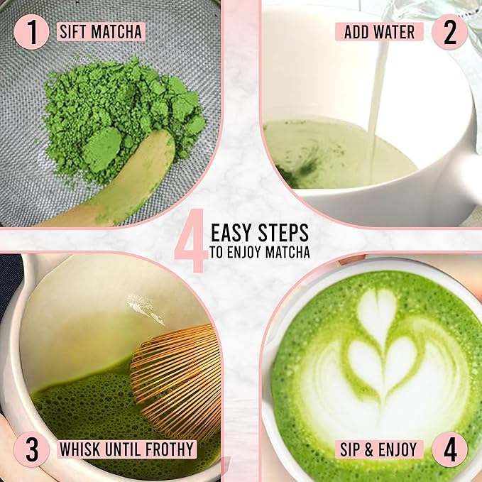 HAPPY PATH & CO Matcha Whisk Set | 6 Pcs Matcha Tea Set Includes Bamboo Whisk(Chasen) with Holder & Bowl with Spout, Sifter, Scoop & Stand - Perfect Matcha Kit Set for Matcha Lovers (Pink Blossom)