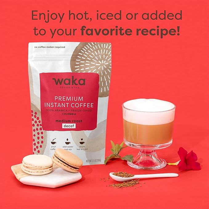 Waka Instant Coffee, Decaffeinated Medium Roast - 100% Arabica Colombian Beans, Freeze Dried Granules, No Sugar or Additives - Bulk Bag for Quick Hot and Iced Coffees, Up to 35 Cups (3.5oz)