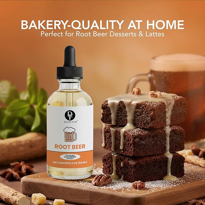 Dolce Flav Root Beer Extract – 2 Ounce Oil-Soluble Kosher, Sugar-Free, Concentrated Classic Root Beer Flavoring for Baking, Chocolates & Desserts, Includes Measured Dropper