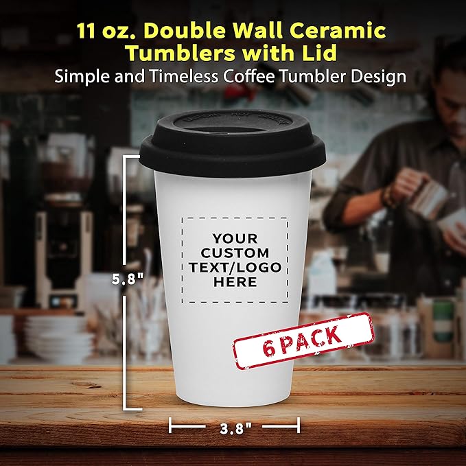 Personalized 11 oz. Double Wall Ceramic Tumblers with Lid - 6 Pack - Custom Text, Logo - Black