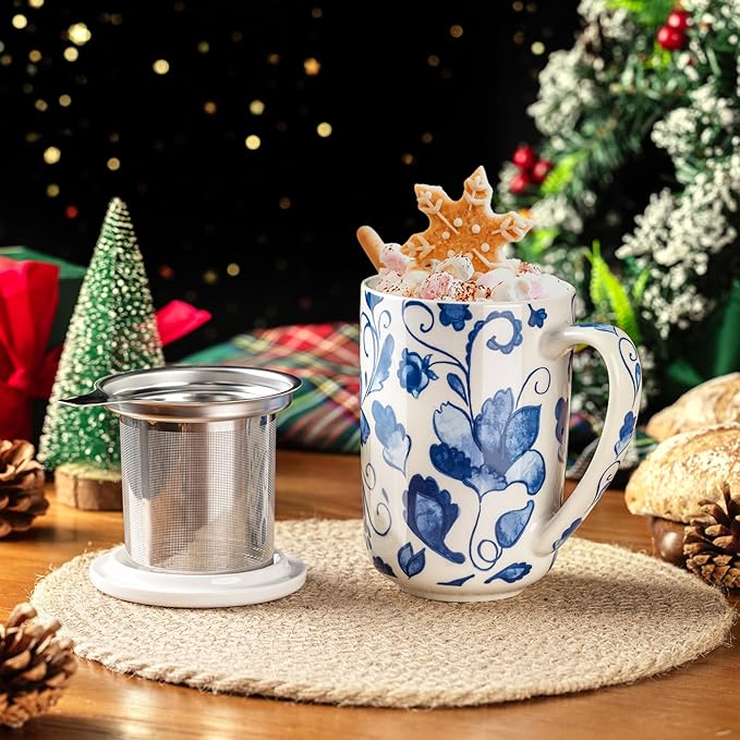 GBhome Tea Mug with Infuser and Lid, 18 Ounce Large Ceramic Loose Leaf Cup, Microwave, Dishwasher Safe