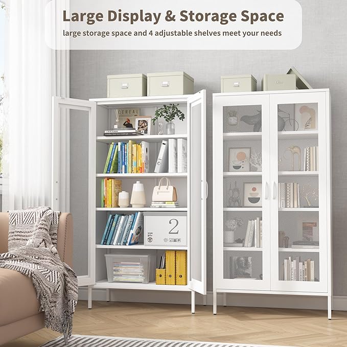 Metal Storage Cabinet,72H Display Cabinets with 2 Mesh Door,Pantry Organizers and Storage,Display Shelves for Collectibles,Storage Cabinet for Home, Office, Bookcase(White)