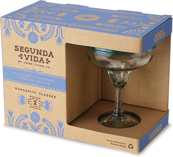 Segunda Vida Primavera Stemmed Margarita Glasses - Blue Rim Margarita Glass Set Made in Mexico - 100% Recycled Glass 10oz Set of 2