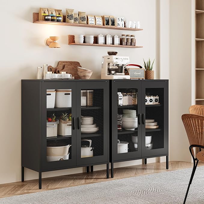 Black Metal Storage Cabinet,Metal Locker Storage Cabinet with 2 Mesh Doors and Adjustable Shelves,Kitchen Pantry Cabinets for Home,Sideboard,Living Room,Office(40" H)