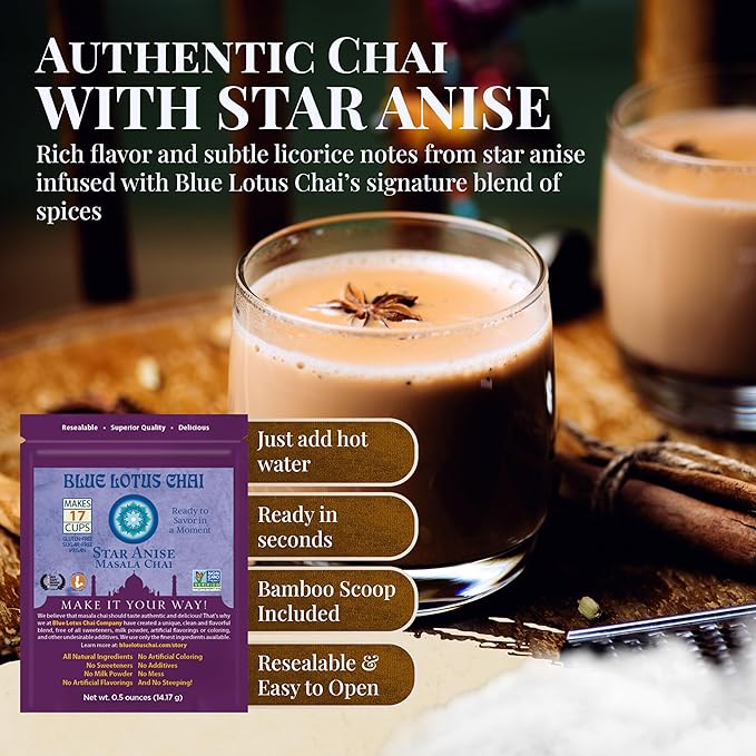 Blue Lotus Chai - Star Anise Masala Chai - Makes 17 Cups - 0.5 oz Pouch Masala Spiced Chai Powder with Organic Spices - Instant Indian Tea No Steeping - No Gluten