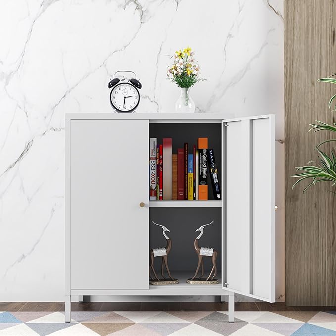 Small 2 Metal Storage Side Buffet Cabinet for Bed Room,Living Room,Entryway,Hallway,Home,Hotel,Office,Garage,Kitchen,1 Removable Shelf. (Metal Door, White)