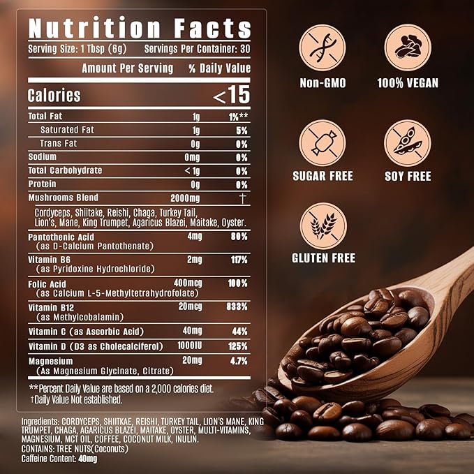 10 in 1 Mushrooms Coffee(Lion's Mane, Cordyceps, Turkey Tail & Other) Ashwagandha Magnesium Multivitamins, 2000mg Mushroom Instant Coffee Powder for Energy, Digestion, Immune Support, 30 Servings