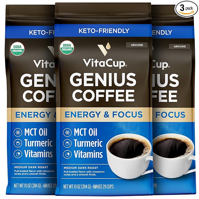VitaCup Organic Genius Ground Keto Coffee, Increase Energy & Focus w/MCT Oil, Turmeric, B Vitamins, D3, USDA Organic Ground Coffee Medium Dark Roast, 100% Arabica Coffee Grounds, 3 bags, 10 oz each