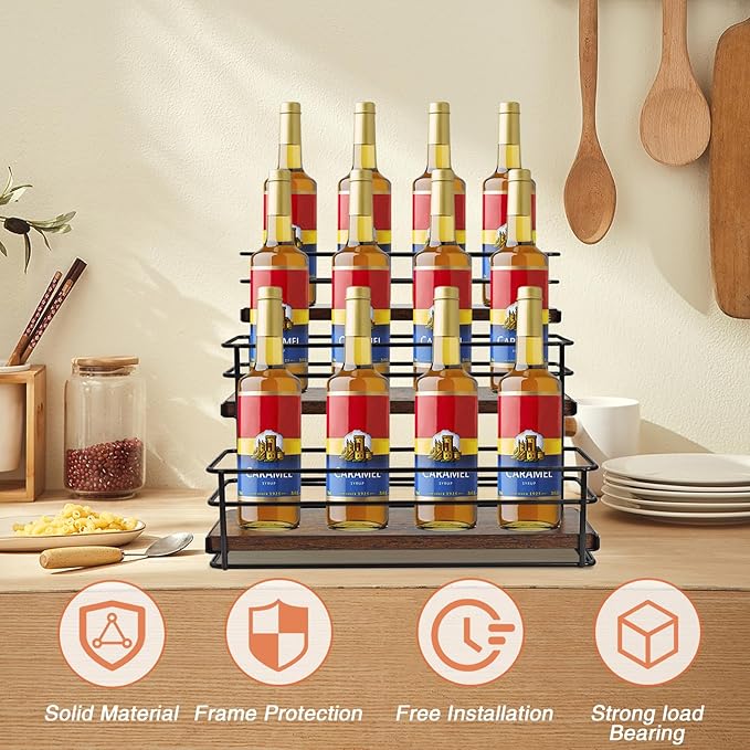 12 Bottle Coffee Syrup Organizer Rack, 3-Tier Syrup Holder Stand for Coffee Bar, Kitchen Countertop Storage Shelf for Wine, Liquor & Condiment Bottles Display