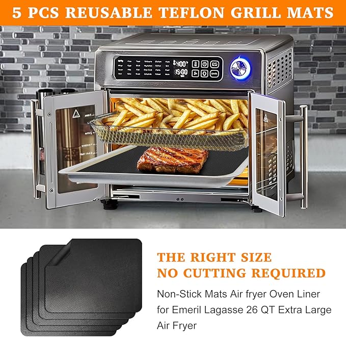 5 PCS Teflon Mats Oven Liner for Emeril Lagasse 26 QT French Door 360 Air Fryer, Reusable Air Fryer Liners for Emeril Lagasse Accessories