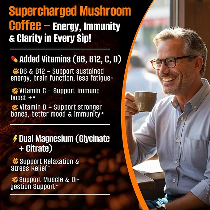 10 in 1 Mushrooms Coffee(Lion's Mane, Cordyceps, Turkey Tail & Other) Ashwagandha Magnesium Multivitamins, 2000mg Mushroom Instant Coffee Powder for Energy, Digestion, Immune Support, 30 Servings