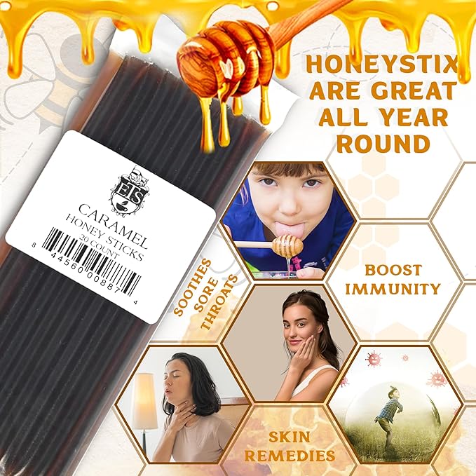 ETS Honey Sticks Caramel Flavor 20 Count – Natural Honey Straws for Tea Coffee Snacks and Baking – Convenient Individual Packets – Sweet Treat for Lunchboxes Travel and Gifting