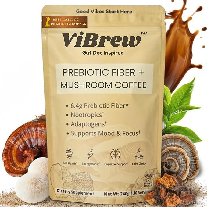 Mushroom Coffee 2800mg – Organic Instant Arabica with Adaptogenic Mushrooms, Prebiotic Acacia Fiber 6400mg, Matcha, L-theanine for Focus, Energy, Digestion & Immune Support (30 servings)