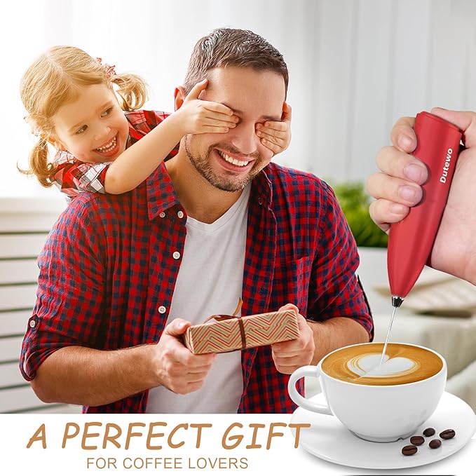 Hand Mixer Milk Frother for Coffee - Dutewo Frother Handheld Foam Maker for Lattes, Electric whisk Drink Mixer Mini Foamer for Cappuccino, Frappe, Matcha, Hot Chocolate, Red 199C