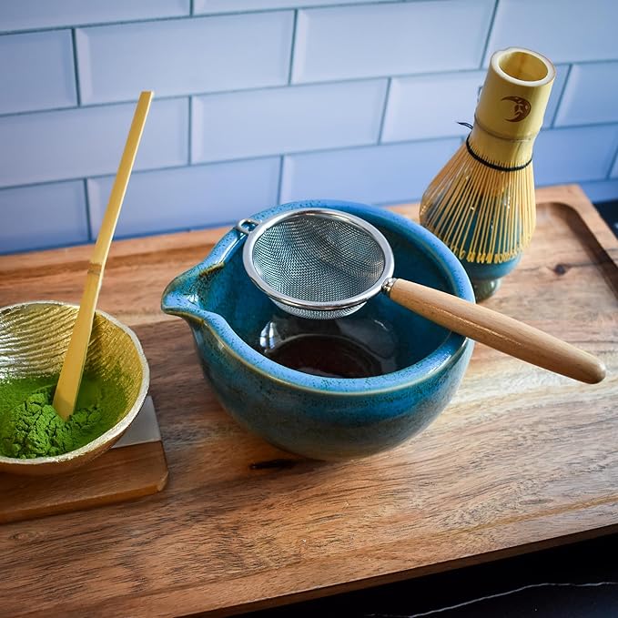 Matcha Whisk Set | Japanese Matcha Kit | Matcha Whisk and Bowl with Spout | 5-piece Set for Making Ceremonial Matcha Tea | Matcha Gift Blue - Christmas, Birthday