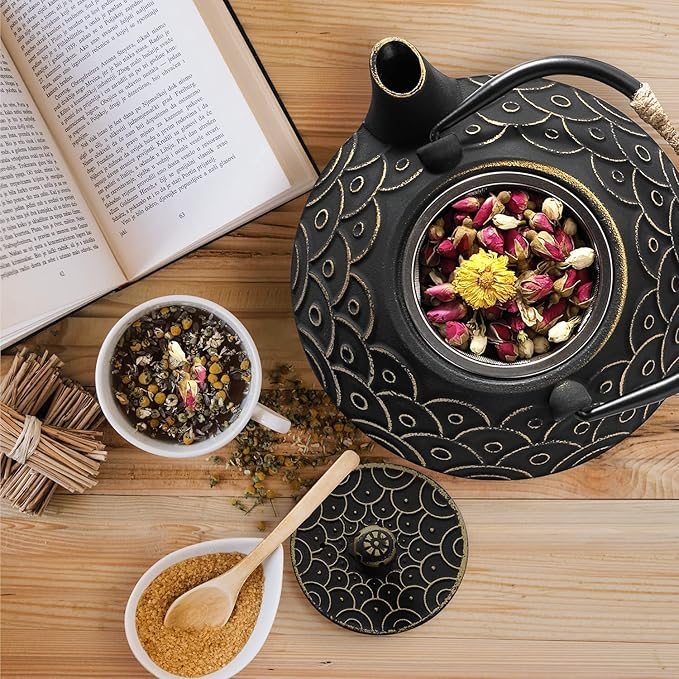 Japanese Tea Kettle Cast Iron Teapot, Teapot Infuser Strainer Set Chinese Black with Gold Wave Pattern with Stainless Steel Filter 30oz/0.9L