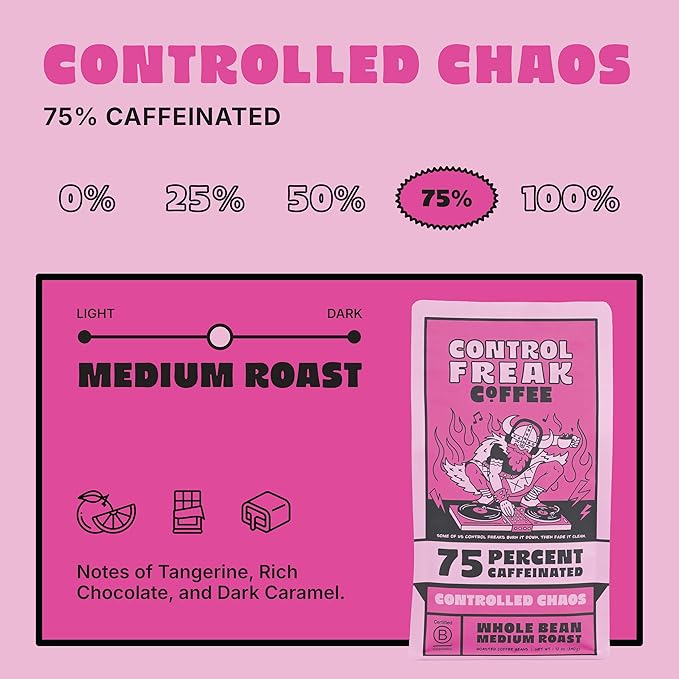 Control Freak Coffee Controlled Chaos 75% Caffeine, Whole Bean Coffee (32 oz) – Reduced Low Caffeine Coffee Blend, Sugarcane Decaf – Freshly Roasted Specialty, Bold, Smooth Roast