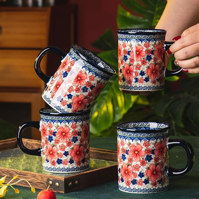 Ceramic Latte Mug Set of 4, 15.5oz Hand Painted Porcelain Coffee Cups With Handle for Tea/Milk/Cocoa - Modern Retro Design For Any Kitchen. Microwave and Dishwash Safe (Snow and Plum)