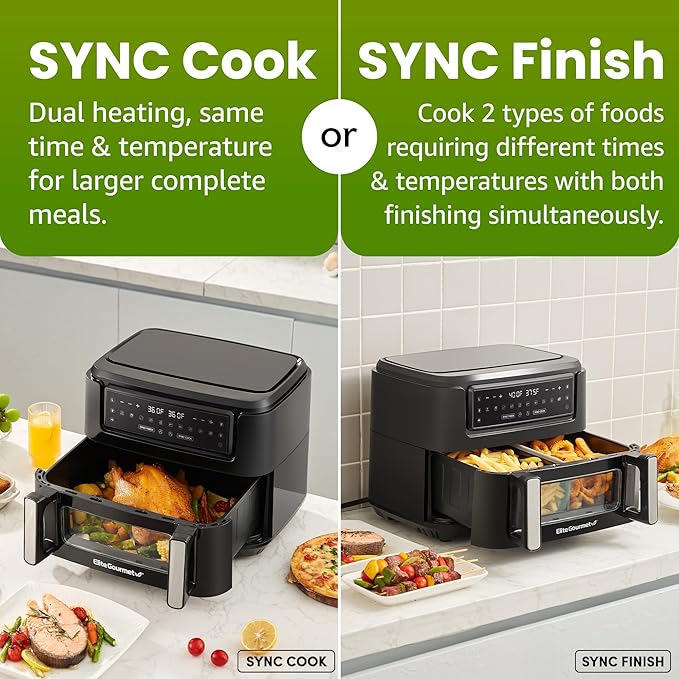 Elite Gourmet EAF1055D Dual Zone Air Fryer Oven, 11QT. Capacity with Divider, Sync Finish, Dishwasher Safe Basket, 10 Preset Functions, 1600-Watts, with Recipe Booklet, Black