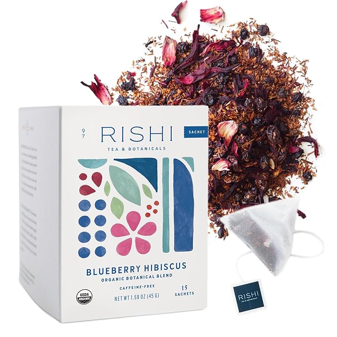 Rishi Tea Blueberry Hibiscus Herbal Tea - Organic, Caffeine Free Sachet Bags, Sweet & Tangy with Antioxidants, Enjoy Hot or Iced - 15 Count (Pack of 1)
