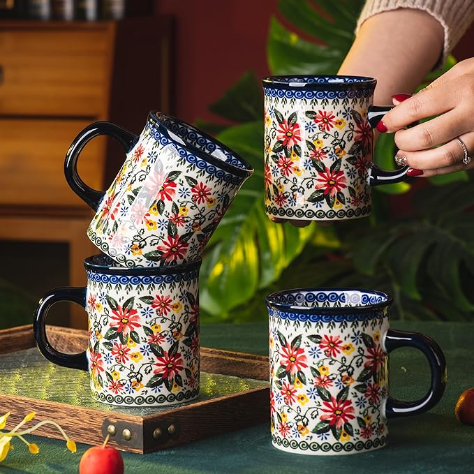 Ceramic Latte Mug Set of 4, 15.5oz Hand Painted Porcelain Coffee Cups With Handle for Tea/Milk/Cocoa - Modern Retro Design For Any Kitchen. Microwave and Dishwash Safe (Exotic Daisy)