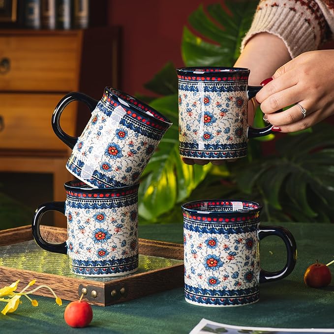 Ceramic Latte Mug Set of 4, 15.5oz Hand Painted Porcelain Coffee Cups With Handle for Tea/Milk/Cocoa - Modern Retro Design For Any Kitchen. Microwave and Dishwash Safe (Blue plasma grass)