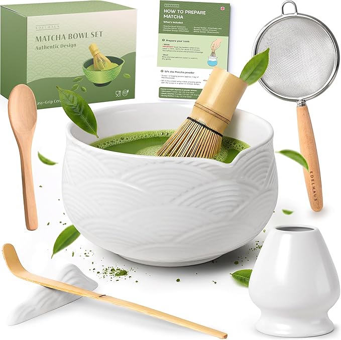 Matcha Kit Whisk Set (7 Pcs) - Complete Matcha Set, Matcha Bowl with with Bowl, Whisk and Holder, Bamboo Spoon/Scoop, Scoop Rester and Sifter incl. Booklet