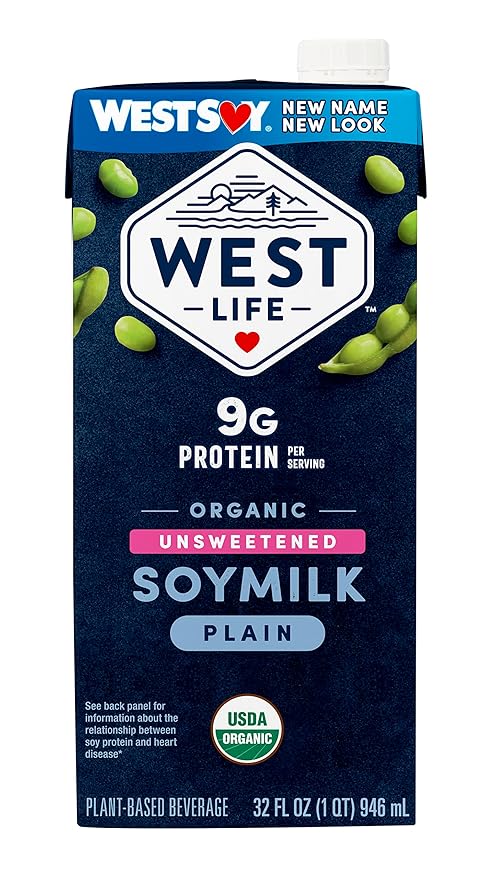 West Life Organic Soy Milk, Unsweetened Plain, Low Sugar, 9g of Protein, Vegan Dairy Alternative, Lactose-Free, Shelf Stable, 32oz (Pack of 12)