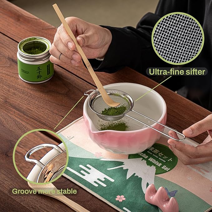 Clay&Fire Matcha Whisk Set, 9 pcs Ceramic Matcha Set, Gifts for Women,Matcha Bowl with Spout and Whisk, Matcha Kit for Matcha Lovers, Ideal Gift Christmas, Birthday, Anniversary(Pink) (Gradient Pink)