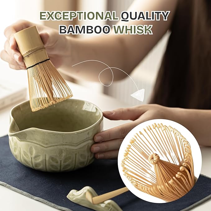 Matcha Whisk Set 8 Pcs Green Matcha Set with Matcha Bowl (Chawan), Whisk, Holder & Accessories – Complete Matcha Kit for Ceremony, Traditional Tea Set for Making Latte, Gift for Family & Friends