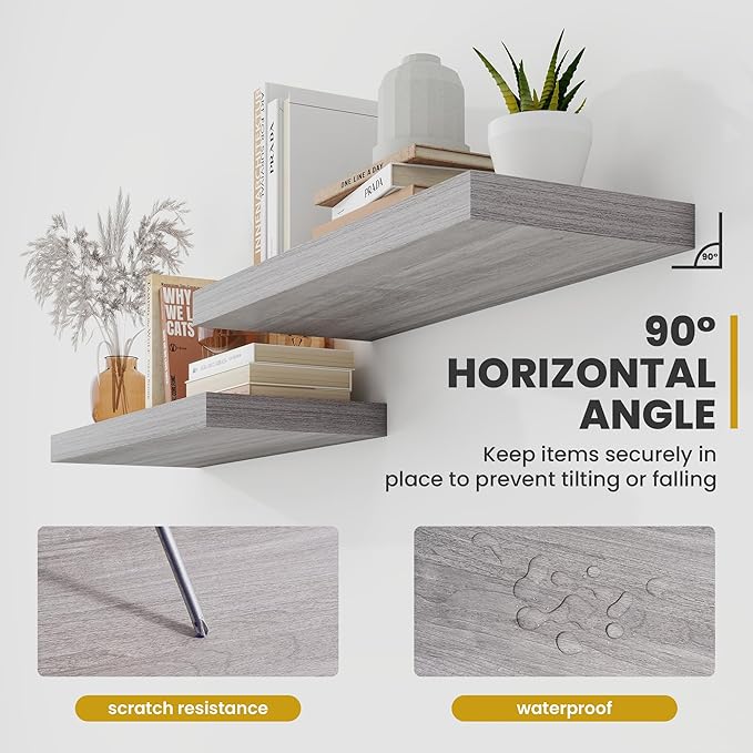 40 Inch Floating Shelves, 9.3" Deep Floating Shelf Wall Mounted, 40" Wall Shelves, Rustic Deep Bookshelf, Large Display Shelves & Storage Shelves for Bedroom, Living Room, Gray, Set of 2