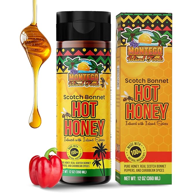 Montego Island Foods Scotch Bonnet Hot Honey – Sweet Heat with a Caribbean Kick – Made with All Natural Ingredients & Bold Spices – 12 oz Bottle (Net Wt. 16 oz) – For Drizzling, Dipping & Glazing