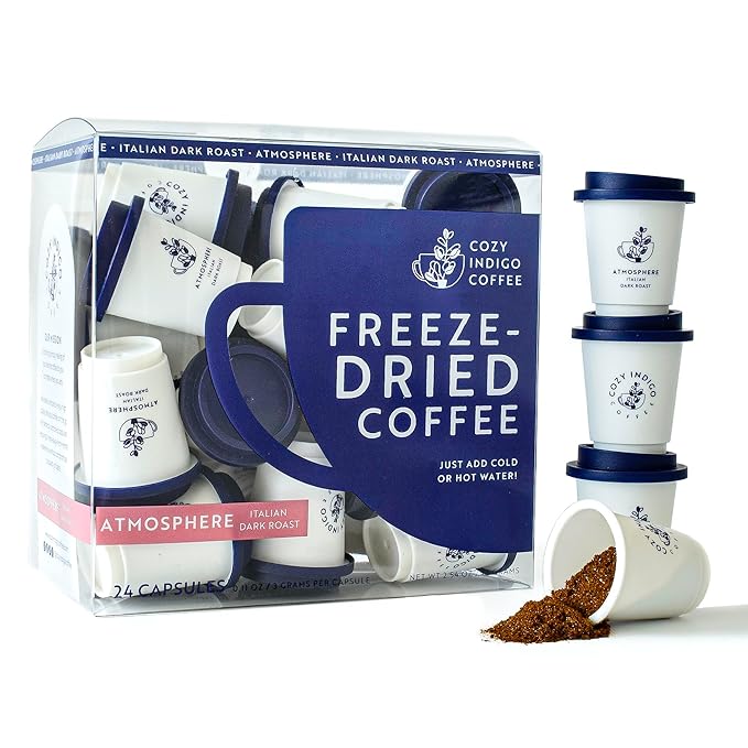 COZY INDIGO COFFEE - ATMOSPHERE Italian Dark Roast Instant Freeze Dried Specialty Coffee, 24 Capsules, 100% Arabica, Enjoy Cold or Hot, Perfect for Travel and On The Go