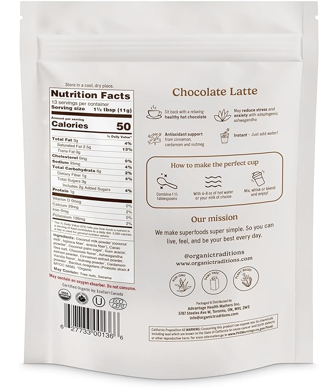 Organic Traditions Superfood Chocolate Latte – Creamy Coconut Milk Base - Dual Extract Ashwagandha – Easy to Mix - Sweetened with Coconut Palm Sugar – 1 Billion Probiotics per Serving - 150g/ 5.3oz Bag