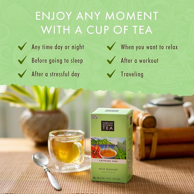 Hawaiian Natural Tea Organic Mamaki Mint Tea Blend - Caffeine Free, Herbal, Antioxidant-Rich For Calming, Wellness, Bedtime, Anxiety & Stress - Gift for Special Ocassions, 20 Bags