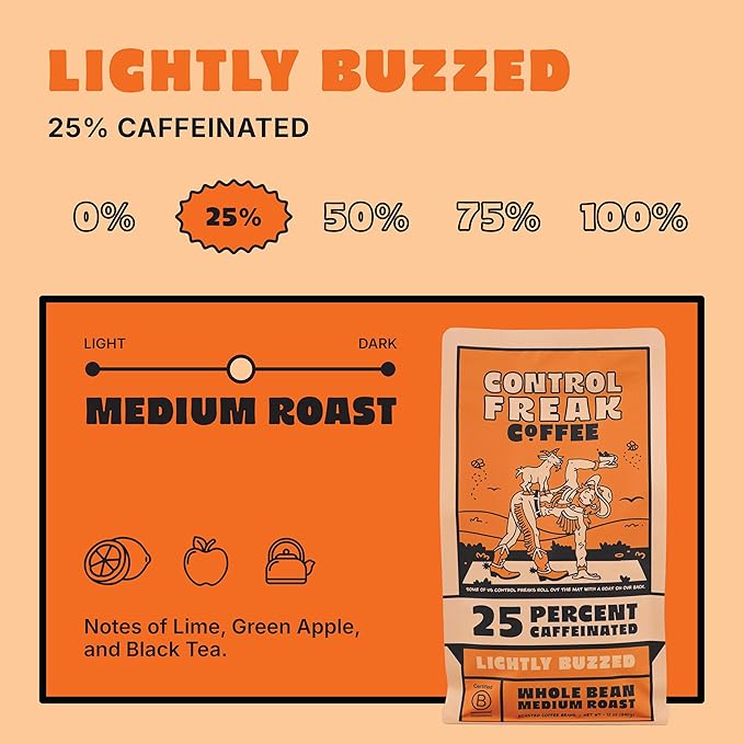 Control Freak Coffee Lightly Buzzed – 25% Caffeine Whole Bean Coffee (32 Oz) | Low Caffeine Coffee with Smooth, Full Flavor for Jitter-Free Energy | Sugarcane Decaf, Freshly Roasted Coffee Beans