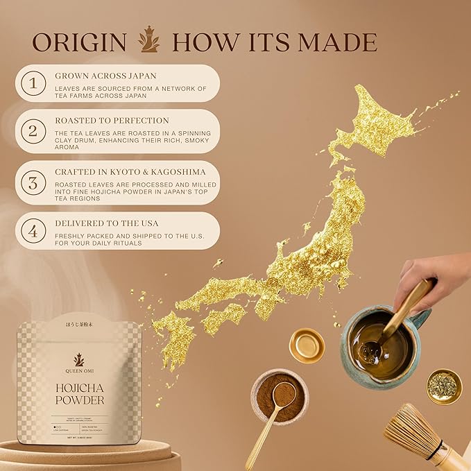 Queen Omi Organic Hojicha Powder | 80g | 100% Organic Japanese Roasted Green Tea Powder—Matcha & Coffee Alternative | Low Caffeine, Antioxidant-Rich, Smooth, Toasty, Nutty Flavor (Dark Roast)