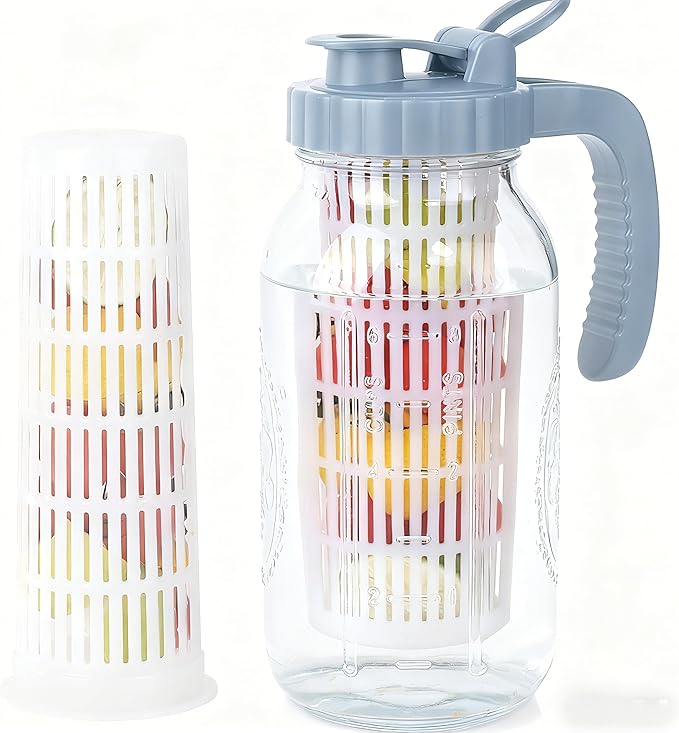Half Gallon Glass Pitcher With Infuser Lid 2 Quart Mason Ja Fruit Infused Cold Hot Water Pitcher 64 Oz Wide Mouth Sun Tea Jar For Outside For Fridge Lemonade, Beverage,Milk,Juice, Cold Brew Container