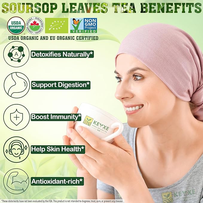 KEYXE - USDA Organic Soursop Graviola Leaves Tea 90 Bags. Non-GMO Verified , 100% Organic Soursop Leaves for Digestion, Boosting Immune, Improving Sleep & Skin Health, Gluten Free, Caffein Free , Hojas De Guanabana Tea Organica, Eco-Conscious Tea Bags