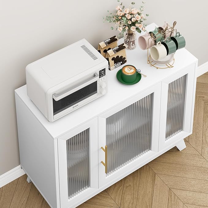 GarveeHome 36 Inch Coffee Bar Buffet Cabinet with Fluted Glass Doors and Gold Handles, Modern Sideboard Storage with Adjustable Shelves, for Kitchen Dining Room Living Room Entryway, White