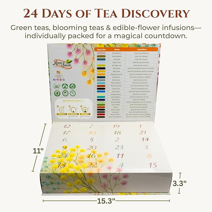 Blooming Tea & Edible Flower Infusions, Green Tea, 24 Unique Flavors Gift Set for Everyone – Natural, Floral & Aromatic Teas in Extra Large Premium Gift Box