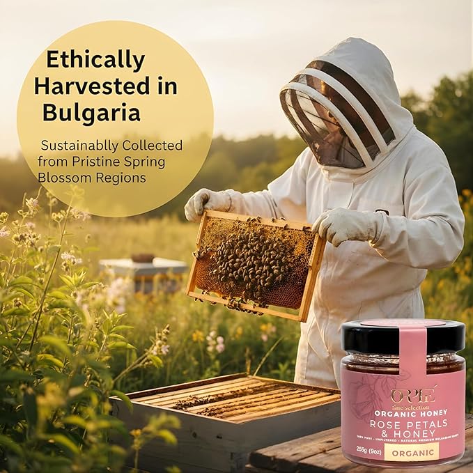 ORPHE Organic Honey with Rose Petals – Clean Simple Natural Sweetener for Coffee, Tea, Matcha and Breakfast, Unheated & Creamed 9oz Glass Jar