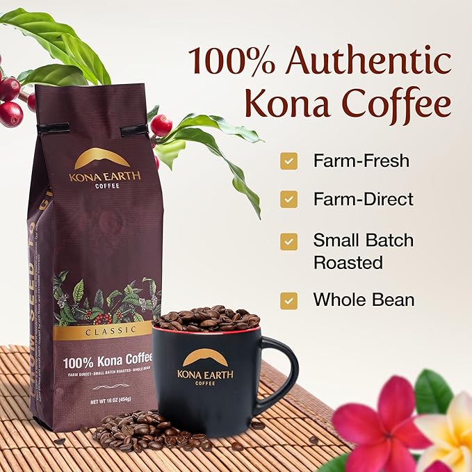 KONA EARTH 100% Kona Coffee, Classic Dark Roast, Whole Bean, 1 lb (16oz) Farm-Direct Authentic Hawaiian Kona Coffee beans from Hawaii’s Big Island, Micro-Batch-Roasted
