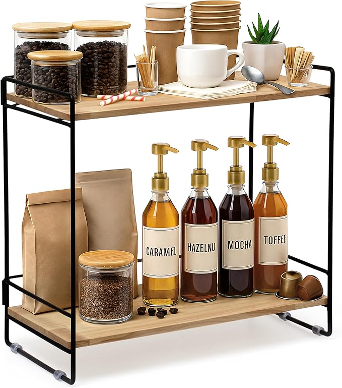 Wooden Coffee Bar Rack – 2-Tier Countertop Organizer with Detachable Back Rails – Minimal Scandinavian Design Storage Shelf for Kitchen, Office, Coffee Station, Bar & Bathroom