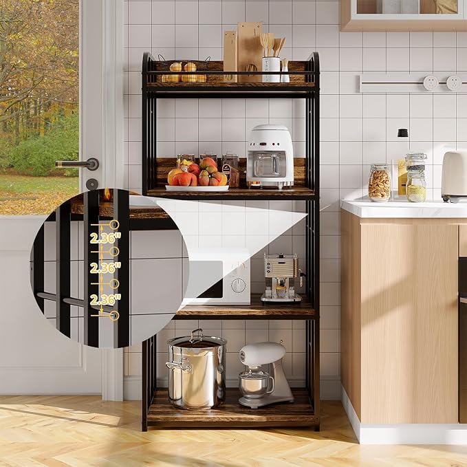 TrailBlaze 4-Tier Bakers Rack for Kitchen with Storage, Industrial Microwave Stand Shelf, Coffee Bar for Small Spaces, Free Standing Kitchen Storage Shelf Rack for Living Room