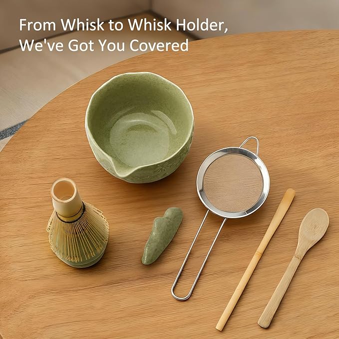 Matcha Whisk Set, 8 Pcs Matcha Kit with Ceramic Japanese Matcha Bowl & Accessories Kit for Traditional Tea Ceremony, Home Use & Christmas Gifts for Matcha Lovers (Green)