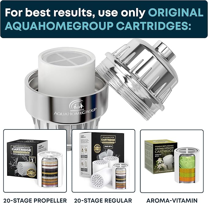AquaHomeGroup 20 Stage Shower Filter for Hard Water - 2.5 GPM Universal Shower Head Filter for Chlorine, Fluoride, Heavy Metals - Vitamin C E Shower Water Filter for Hair and Skin (Golden)