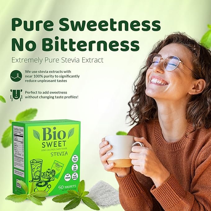 BioSweet Zero Bitterness Stevia Packets | Zero Calorie Sweetener | Non GMO, Natural, Gluten Free, Vegan | Nothing Artificial (50 Packets)